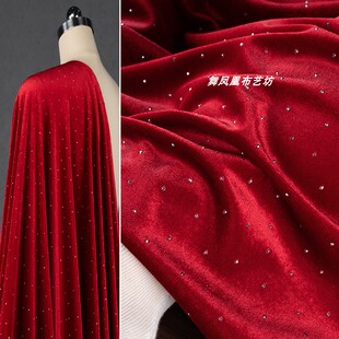 大红色 烫钻丝绒面料 喜庆旗袍上衣弹力柔软韩国绒钻石服装布料