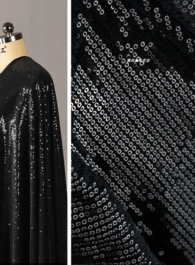 黑色丝绒亮片绣面料 高级时装闪光珠片亮光礼服连衣裙设计师布料