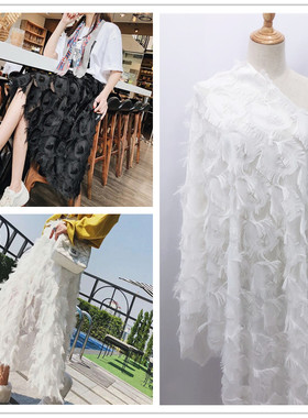 原创 黑白色 提花+剪花雪纺眼睛花孔雀羽花布料 时尚裙装套装面料