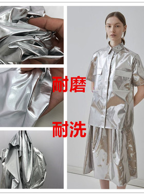 春亚纺烫银面料 羽绒服烫银 春夏季衬衫裙装 银色涂层薄棉布料