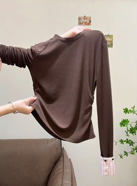 撞色拼接衬衫袖口正肩长袖T恤女2025秋季简约内搭休闲针织衫上衣