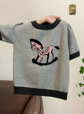 灰色小马刺绣短袖T恤马年针织衫女夏季小个子软糯打底毛衣上衣秋