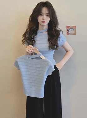 浅蓝色圆领镂空设计短袖T恤女夏季2026年新款独特别致超好看上衣