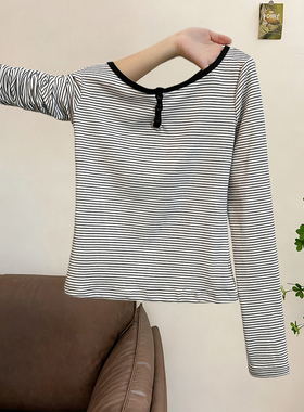 美式亨利领黑白条纹长袖T恤女春季辣妹修身显瘦外穿简约内搭上衣