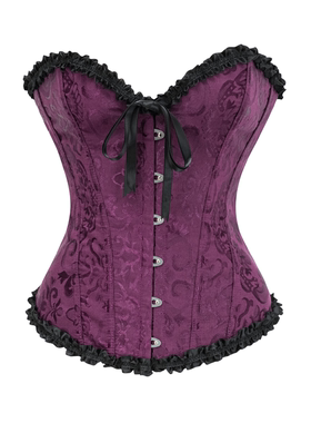 女紫色提花缎面束腰corset黑色花边塑身衣复古胸衣万圣节舞会礼服