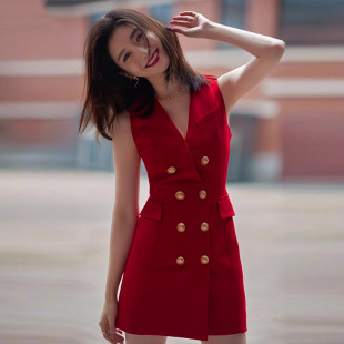 江疏影明星同款小香风双排扣中长款西装连衣裙无袖女红色V领夏季
