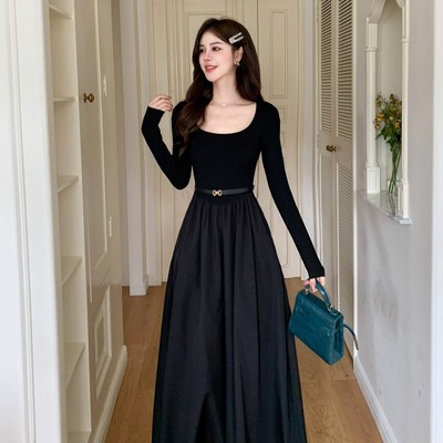 新款赫本风黑色长裙女春秋冬法式高级感圆领显瘦连衣裙配皮带礼服