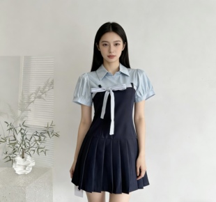 Even一雯高智miu王韩系高智假两件miu系连衣裙学院风百褶短裙