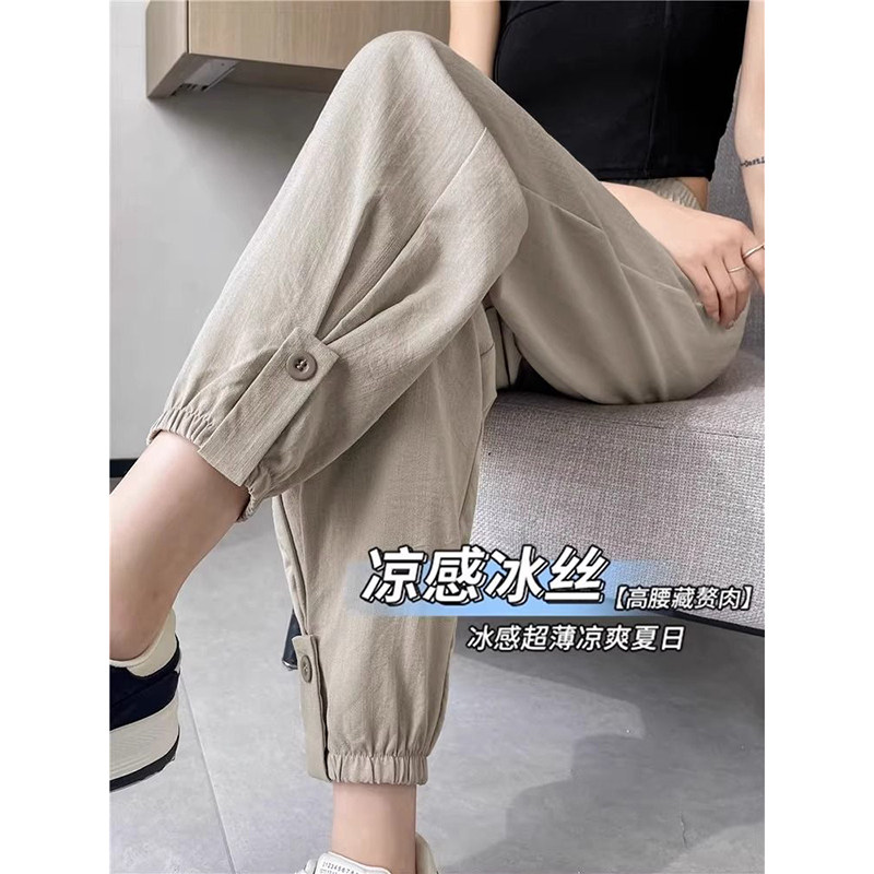 夏季薄款冰丝棉麻运动裤女2025新款九分休闲女士天丝亚麻哈伦裤子