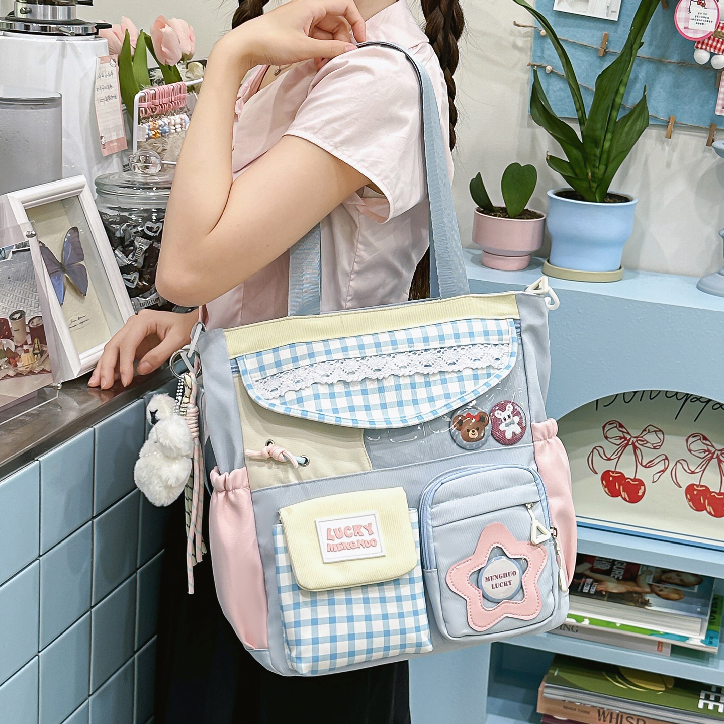 可爱小清新多巴胺痛包女孩上学斜挎包女生大容量格子补习袋单肩包