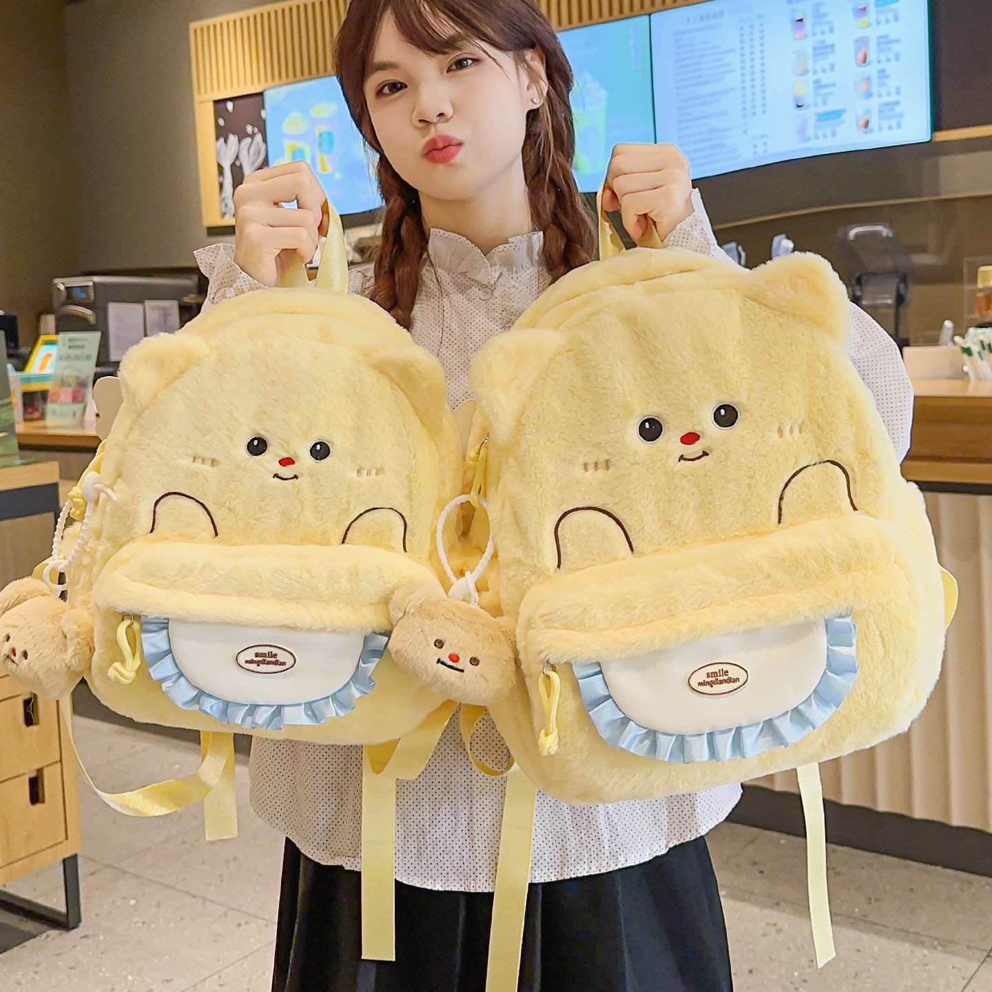 可爱毛绒卡通儿童书包女孩幼儿园中小学生小猫双肩包旅游出行背包