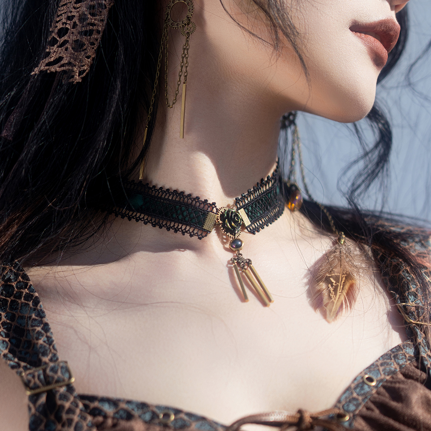 墨绿缎带黑色蕾丝choker颈圈颈链