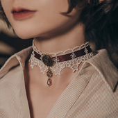 蒸汽大陆 蒸汽朋克圣诞星星暗红缎带黑白蕾丝choker脖圈颈饰项链