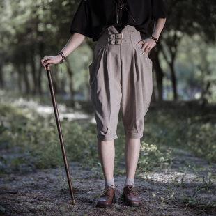 灯笼裤 复古中裤 宽松中性亚麻色通勤休闲浅灰高腰马裤 蒸汽大陆