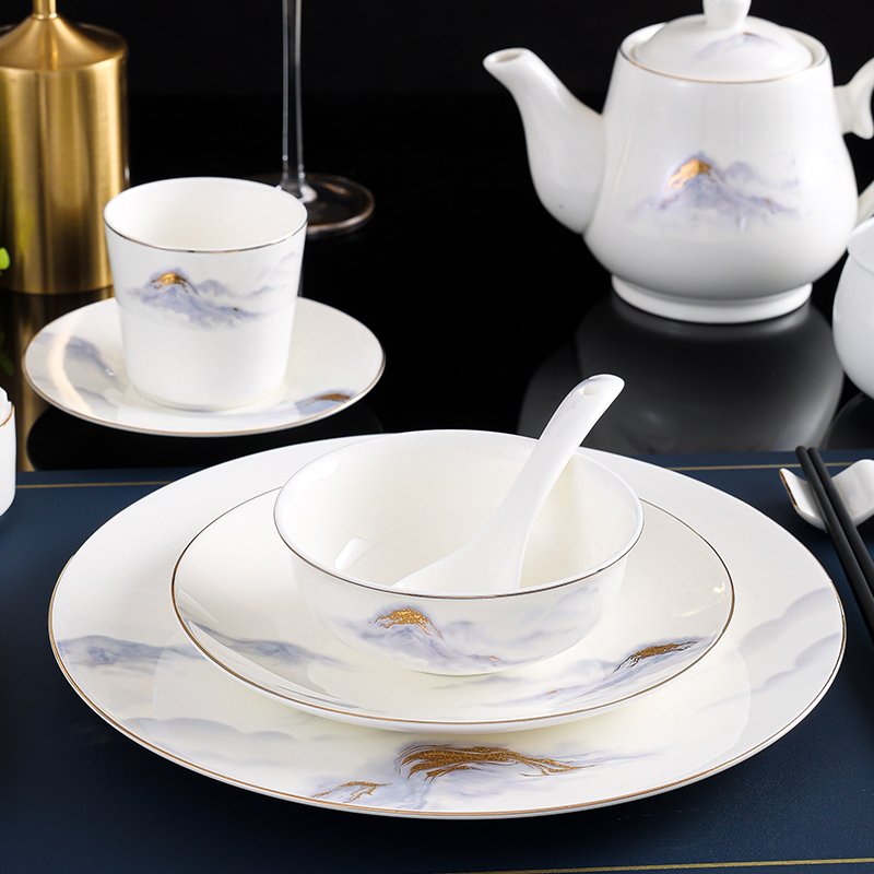 新中式摆台餐具陶瓷碗碟盘勺logo定制印字酒店会所高档四件套套装