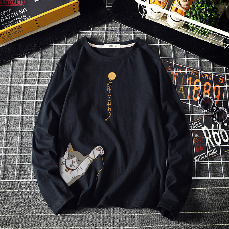 TX3013-P25猫咪卡通印花长袖t恤加肥加大码男胖子打底衫,男装T恤,电商A040A