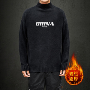 M18001加绒款-P65 半高领加厚加绒毛衣男大码胖子针织衫保暖外套图片