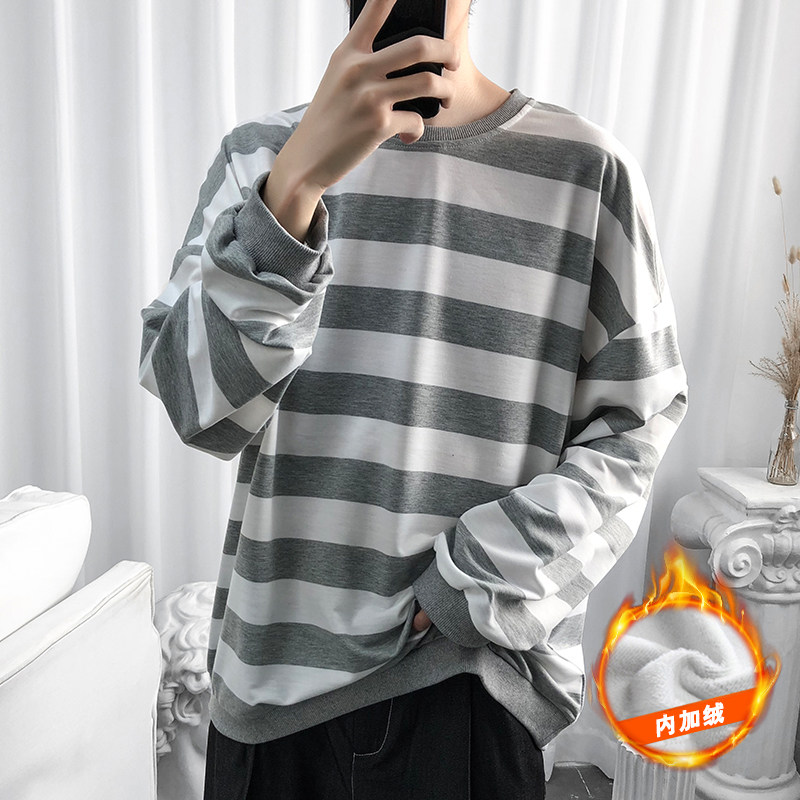 S6666加绒-P50网红港风条纹圆领卫衣男加肥加大码宽松内搭长袖外,男装卫衣,电商A040A