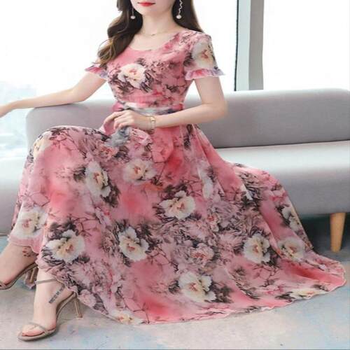 Women's Floral Print Chiffon Dress Elegant Round Neck Short