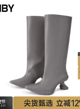 JNBY/江南布衣秋冬高筒靴高跟靴子灰黑色皮质休闲尖头PU7N0M14150