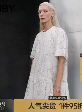JNBY/江南布衣夏折扣白色连衣裙宽松短袖印花A字通勤5O5G10090