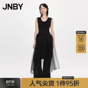 JNBY 网纱拼接通勤圆领套头长裙5N3G13550 江南布衣春夏连衣裙无袖
