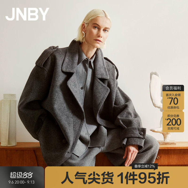 JNBY/江南布衣冬含羊绒毛呢外套女翻领简约休闲中长款双面呢大衣图片