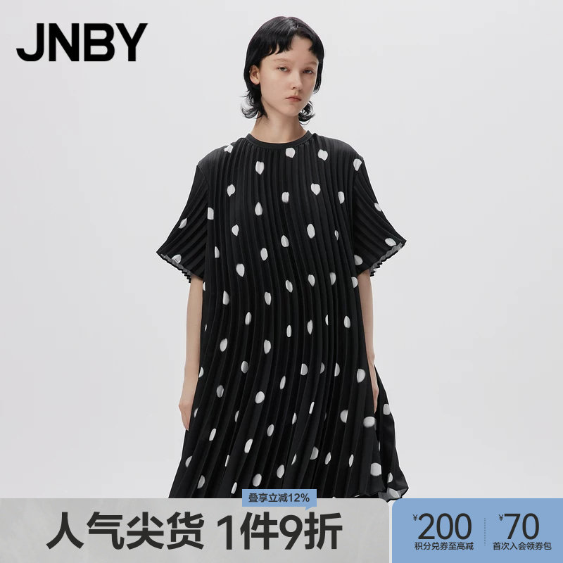 JNBY/江南布衣春秋季连衣裙女A字印花裙波点百褶裙优雅宽松短袖裙
