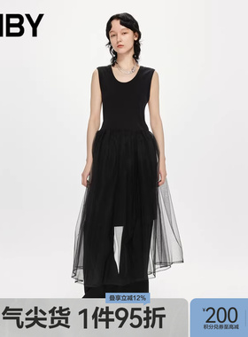 JNBY/江南布衣春夏连衣裙无袖网纱拼接通勤圆领套头长裙5N3G13550
