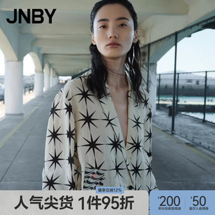 JNBY 宽松亚麻V领女设计印花外套 江南布衣折扣春夏八芒星西装