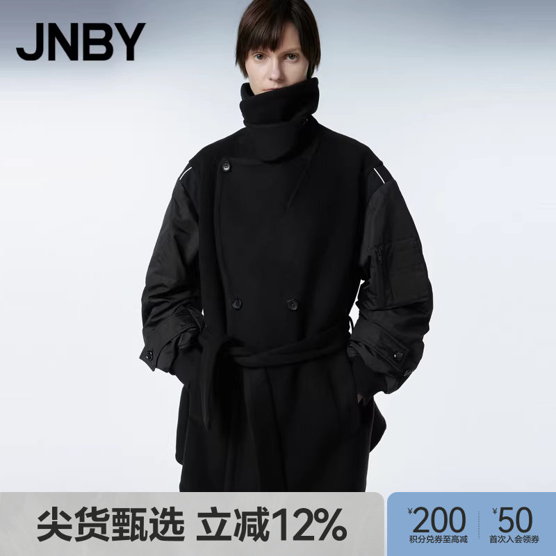 JNBY/江南布衣秋冬毛呢外套女中长款拼接设计翻领简约双面呢大衣