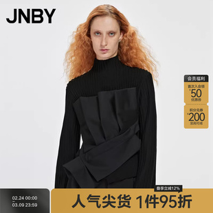 JNBY/江南布衣折扣秋冬针织毛衫气质拼接高领长袖套头毛衣女修身