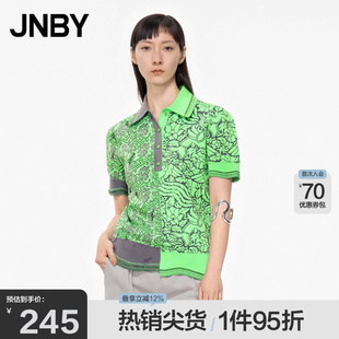 JNBY 不对称拼接复古印花女 江南布衣折扣春夏POLO领针织衫 短袖