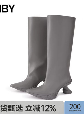 JNBY/江南布衣秋冬高筒靴高跟靴子灰黑色皮质休闲尖头PU7N0M14150