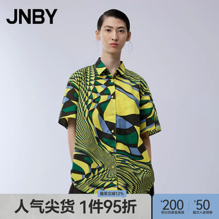 江南布衣春夏短袖 早春上新 JNBY 女撞色印花宽松衬衣翻领 衬衫