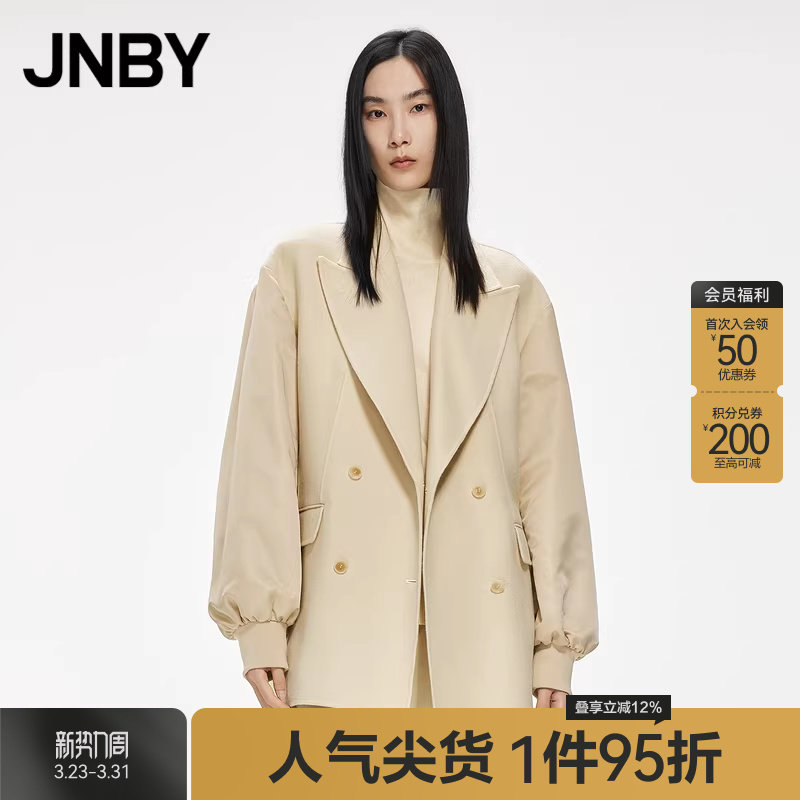JNBY/江南布衣折扣秋冬羊毛毛呢大衣羊毛西装领拼接灯笼袖中长款