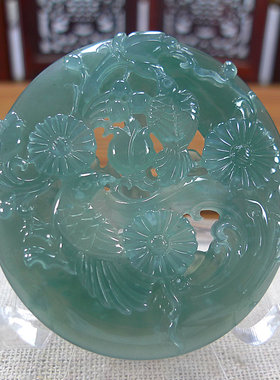 缅甸天然A货翡翠精美玉器 一元拍卖老种冰种镂空雕鸟语花香吊坠