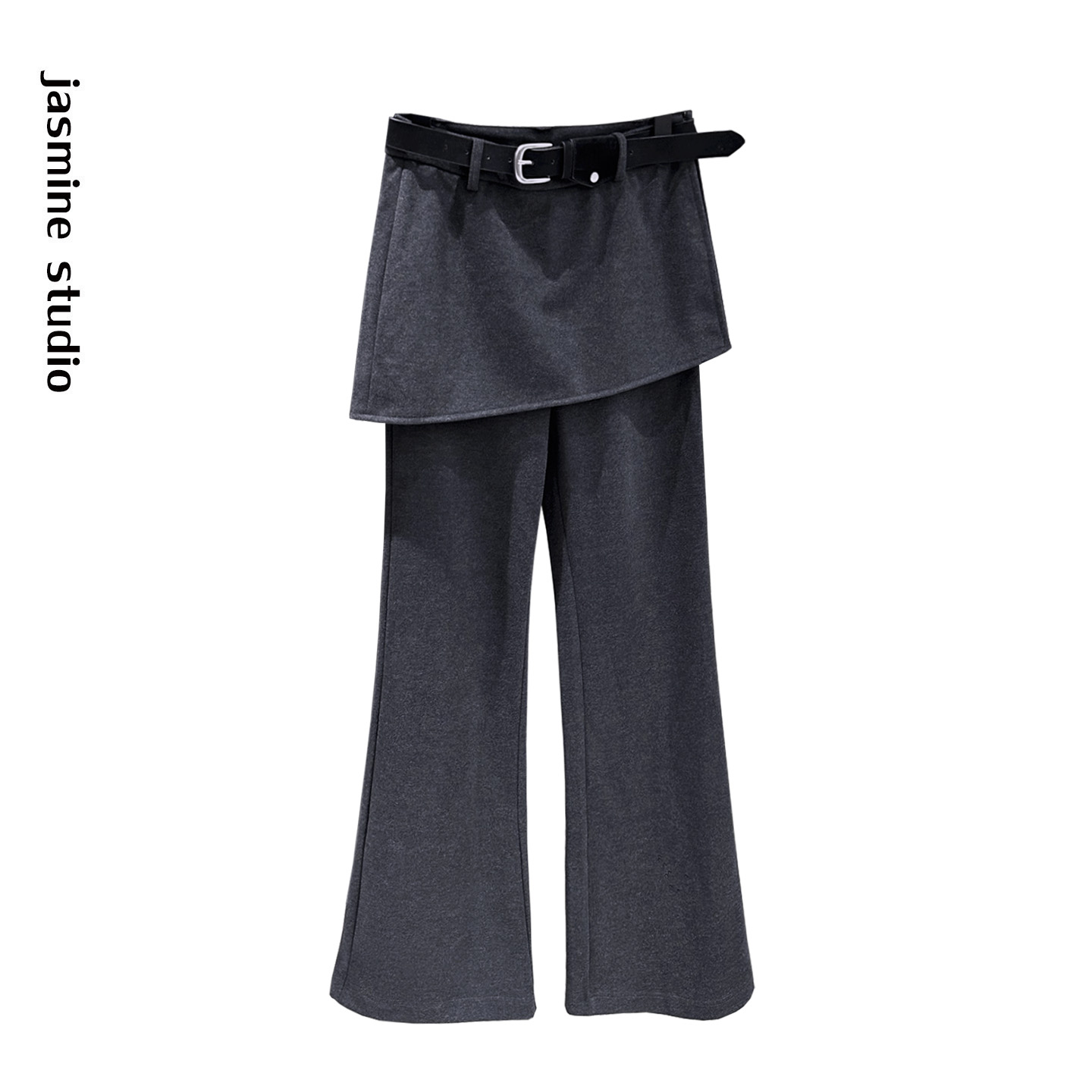 带屁帘拼接假两件裙裤加绒加厚微喇裤女冬季带腰带窄版直筒喇叭裤