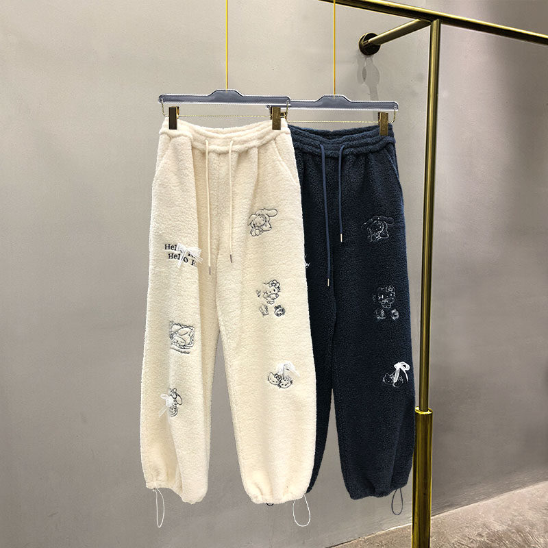 毛毛裤女冬KT猫绣花立体蝴蝶结加绒加厚减龄慵懒收脚羊羔毛阔腿裤,女装/女士精品,休闲裤,淘宝优惠券,粉丝福利购,淘宝优惠卷