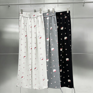 高腰宽松显瘦抽绳收脚直筒KT猫阔腿裤 卡通印花休闲直筒长裤 女春季