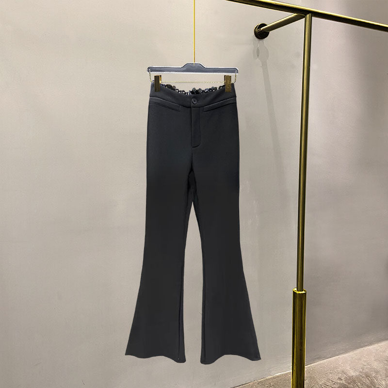 蕾丝边腰加绒喇叭裤女冬季修身显瘦弹力西装长裤辣妹洋气质微喇裤