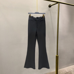 女冬季 辣妹洋气质微喇裤 修身 长裤 显瘦弹力西装 蕾丝边腰加绒喇叭裤