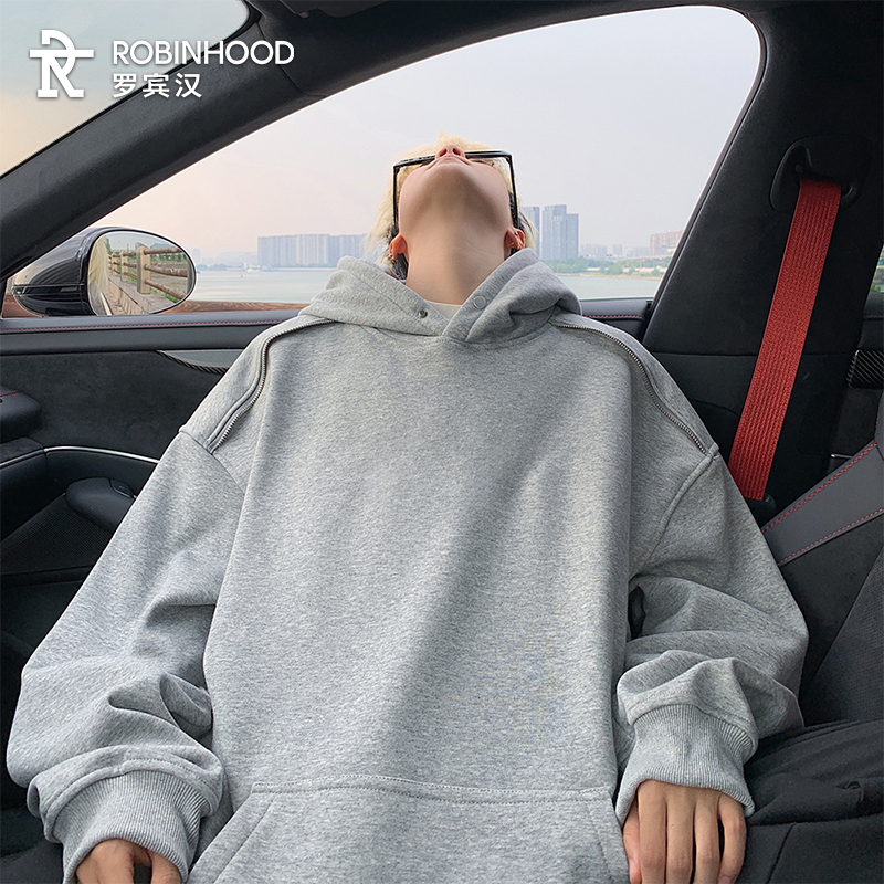 罗宾汉美式休闲卫衣男款肩上拉链