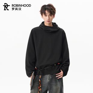 罗宾汉美式休闲卫衣时尚高街半高领连帽衫慵懒风纯色宽松简约百搭
