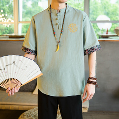 Linen short sleeve T-shirt summer half sleeve Chinese style T-shirt Tang Dynasty retro cotton linen men's wear