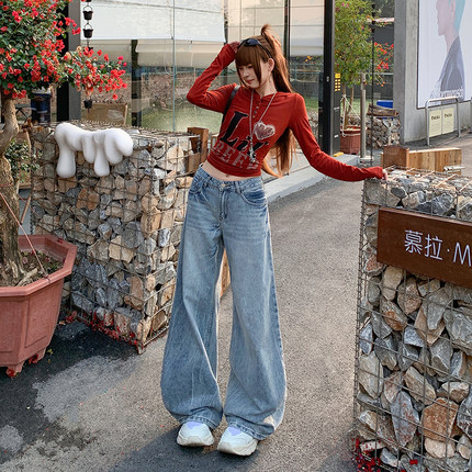 时尚潮流夏季新款美式复古蓝阔腿牛仔裤百搭低腰宽松弯刀拖地裤子