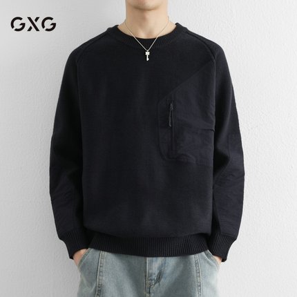 GXG男士2025新款秋冬季户外贴布圆领风格毛衣男针织衫长袖卫衣
