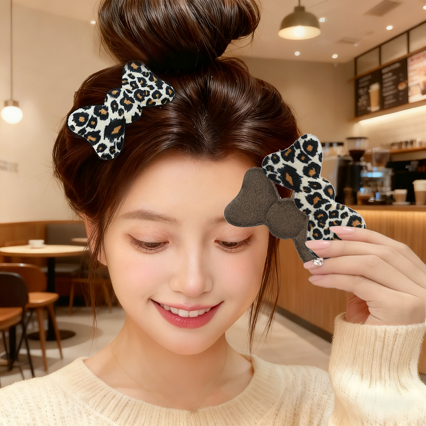 刘海贴蝴蝶结豹纹魔术贴头发贴