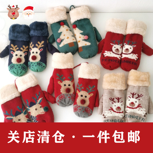 圣诞节礼物麋鹿毛线挂脖手套女冬天韩版可爱加绒加厚保暖学生连指