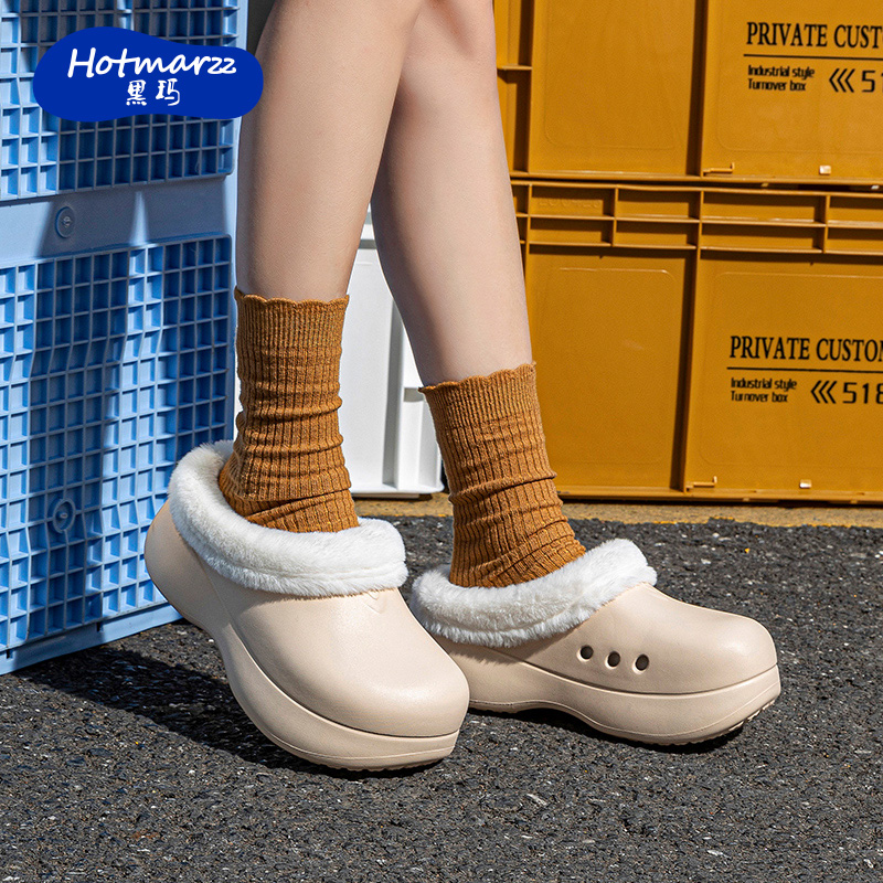 hotmarzz/黑玛新款加绒毛外穿厚底增高包头拖鞋保暖室内洞洞鞋女